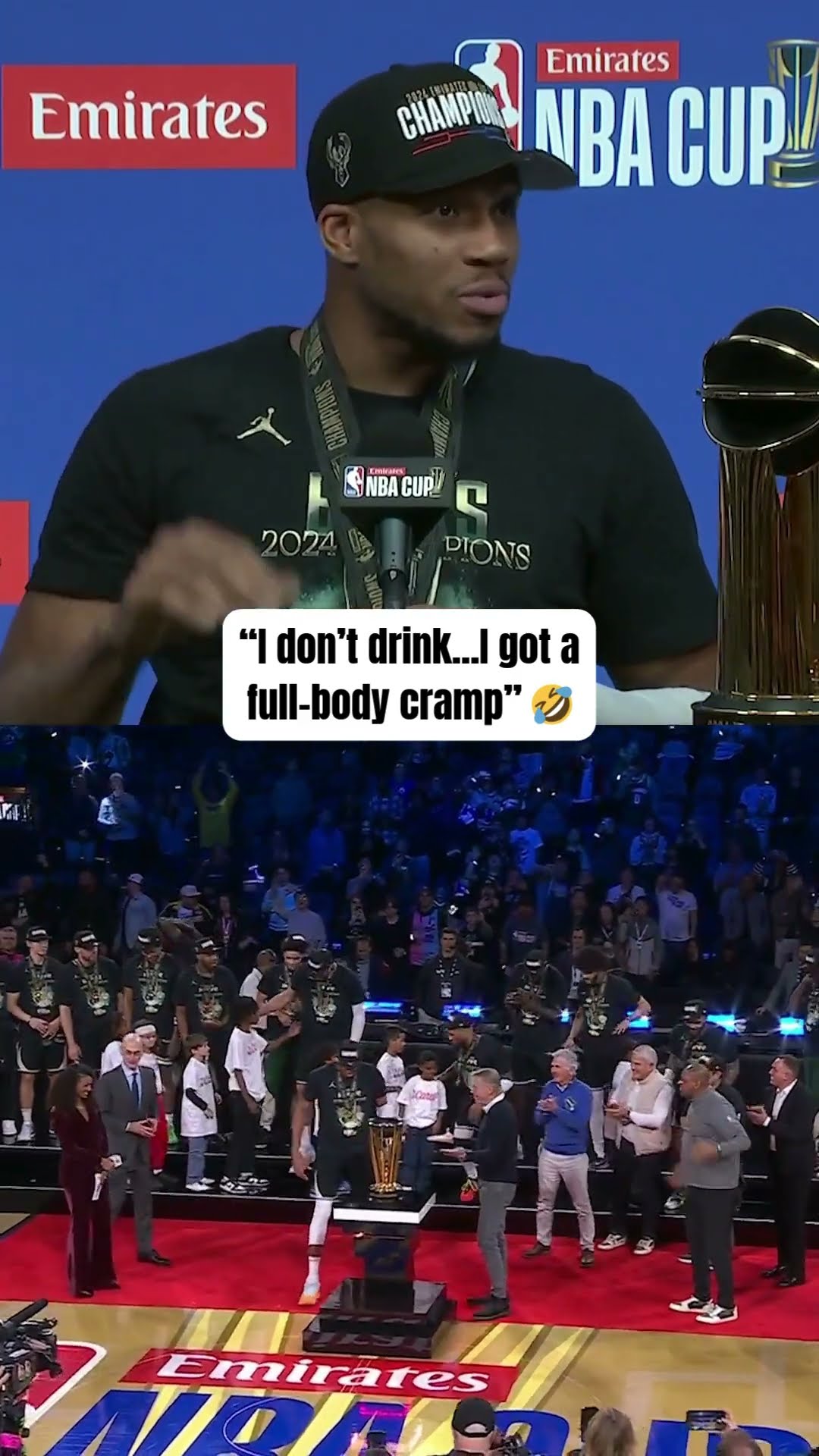 Giannis on how the Bucks' will celebrate their NBA Cup win with no champagne shower ? ?
