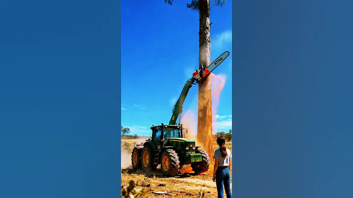 Wait for it 😳 John Deere Tractor Cuts Giant Tree with Chainsaw!#shorts#chainsaw #tractor#treecutting