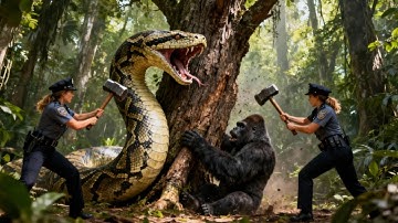 Heroic rescue team fights giant python to save innocent gorilla