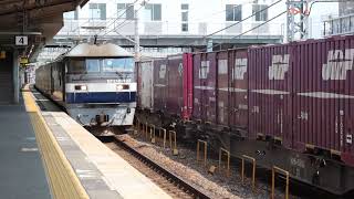 【貨物列車同士の待避】EF210-123牽引の「福山レールエクスプレス」 膳所駅4番のりば通過