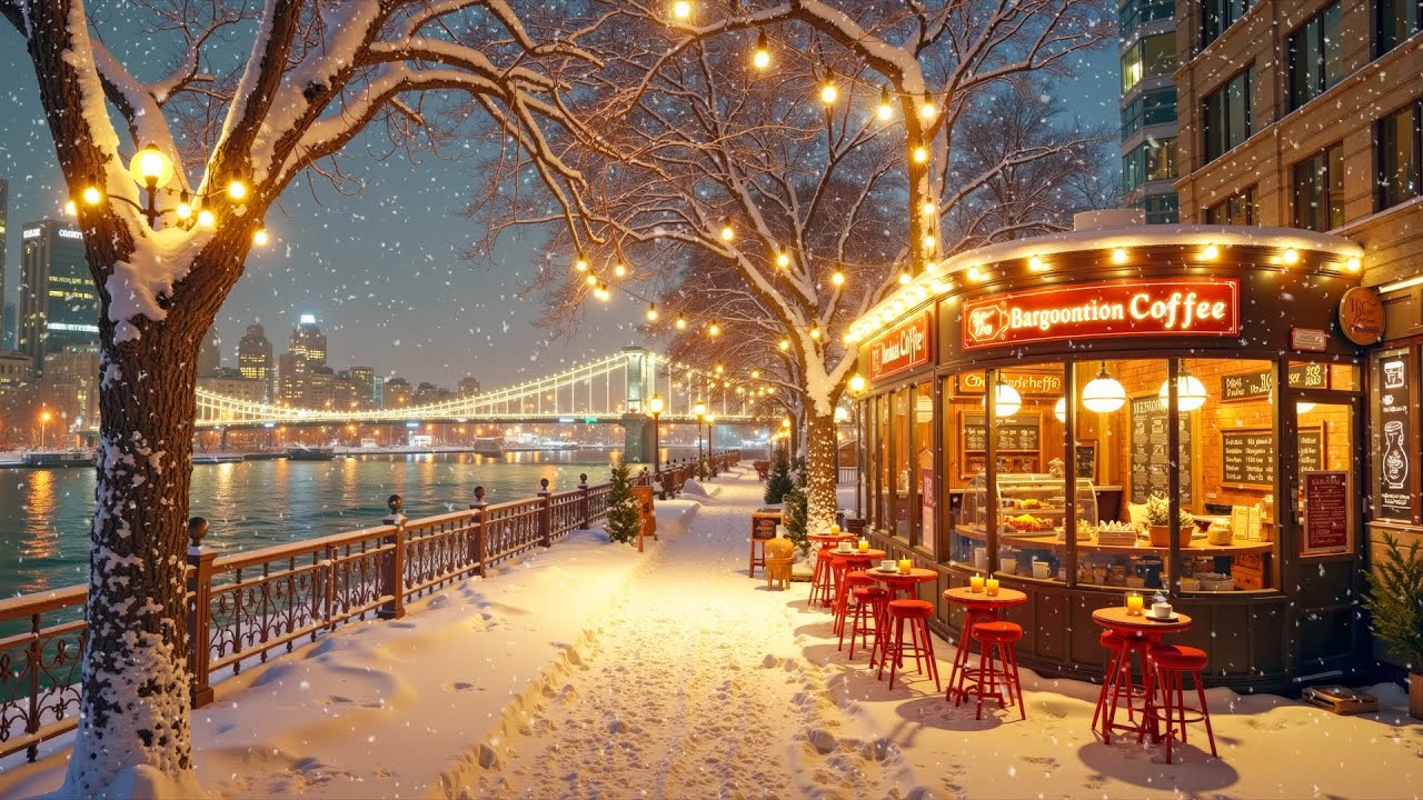 Cozy Winter Coffee Shop Ambience | Relaxing Jazz Piano with Gentle Snow Falling for Work & Chill