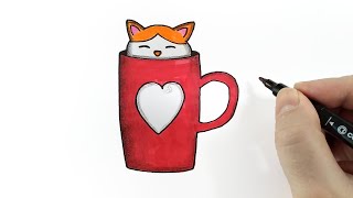 Простые идеи для рисования, Рисуем котенка в чашке
