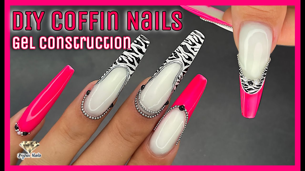 DIY Long Coffin Nails Gel Construction with French / Full ASMR tutorial /  Pink Zebra Nail Design - YouTube