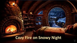 Cozy fire on snowy night in hobbit bedroom