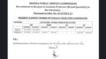 OPSC Assistant professor Board speciality Bio-Chemistry final selected Cut-off Mark Notice Released