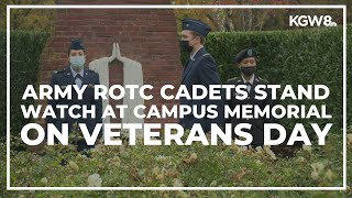 University of Portland Army ROTC cadets stand watch at campus memorial on Veterans Day