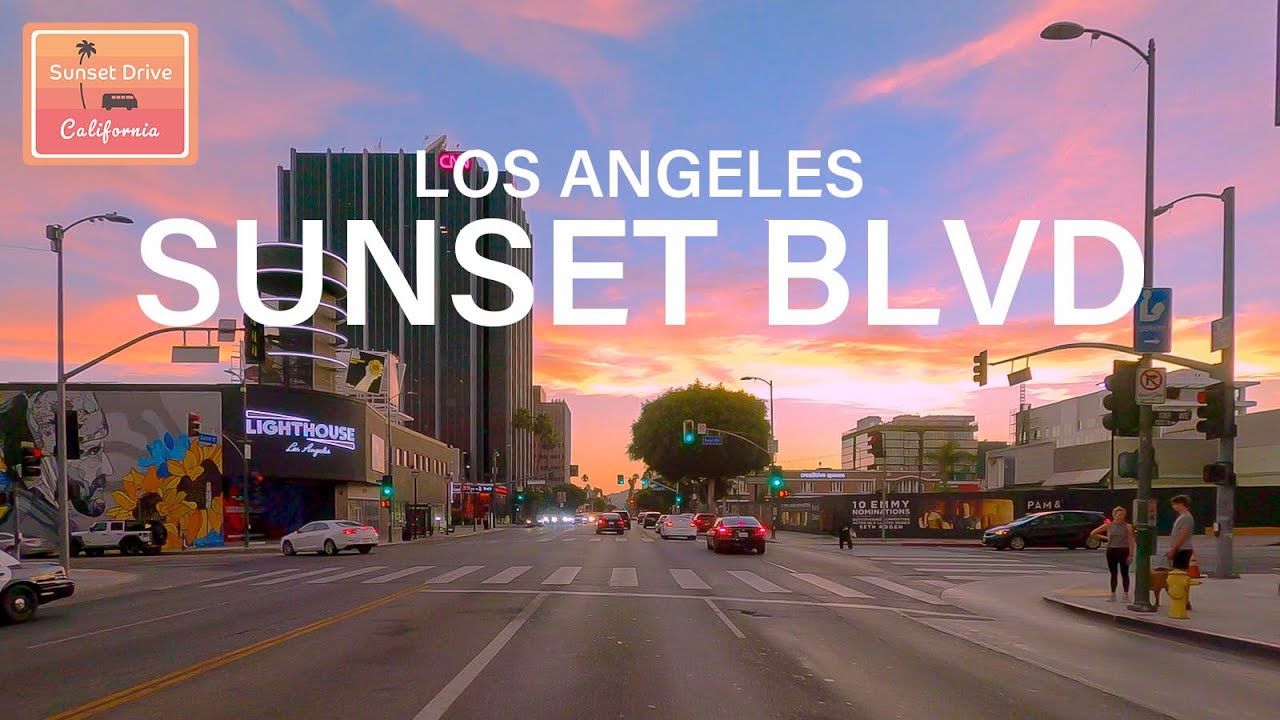 Relaxing Drive on Sunset Boulevard in Los Angeles at Sunset time, ASMR, calming