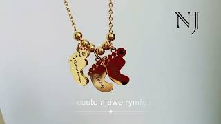 Name engraved baby feet pendant necklace with birthstone