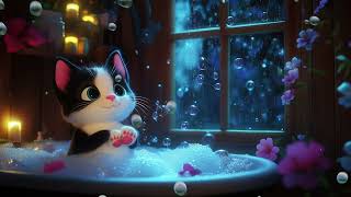 Cute Cat Relaxing in a Warm Bath – Soothing Raindrops & Soft Piano Music for a Cozy and Peaceful screenshot 2
