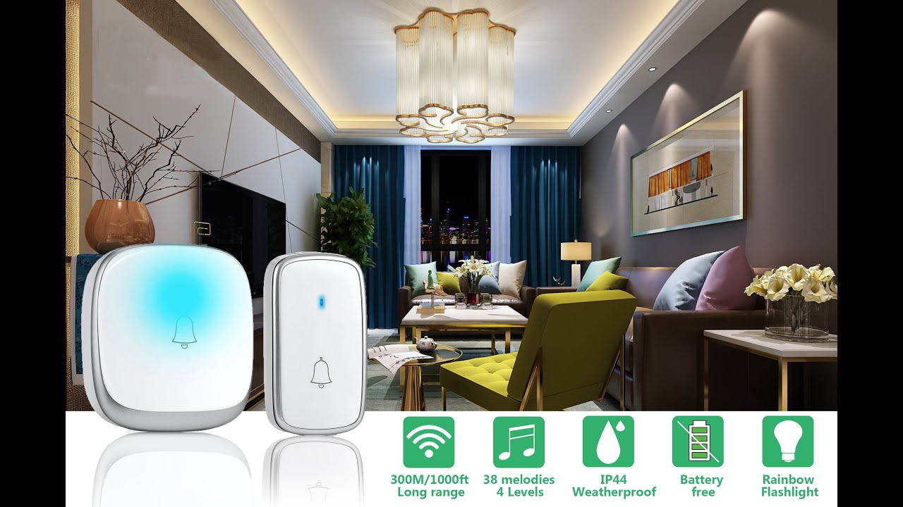 Battery Free Door Bell Wireless for Home,Rainbow Flash Indicator Wireless  Door Bell with 4 Level Volume & Memeory Function,IP44 Waterproof 