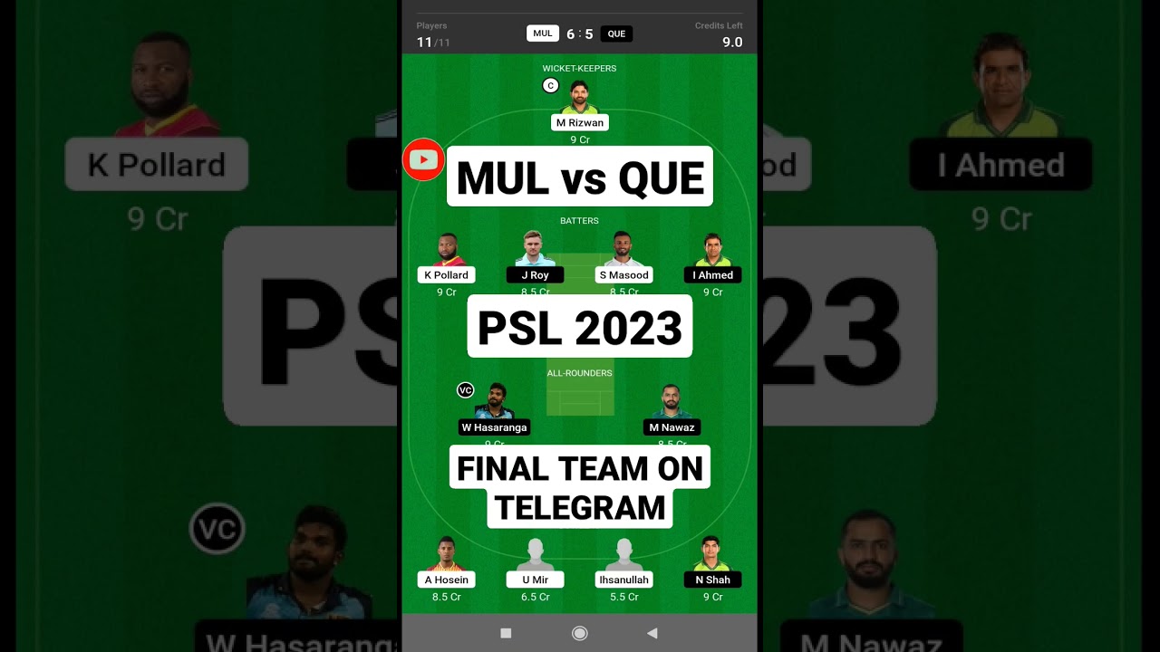 mul vs que dream11 prediction || mul vs que dream11 team || psl dream11 team today 
