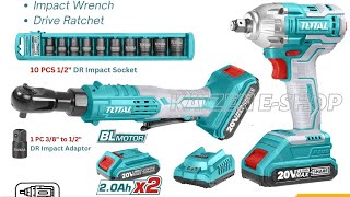 Unboxing TOTAL Combo Set (Impact Wrench + Drive Ratchet), cordless 20V Liion P20S TOSLI23043