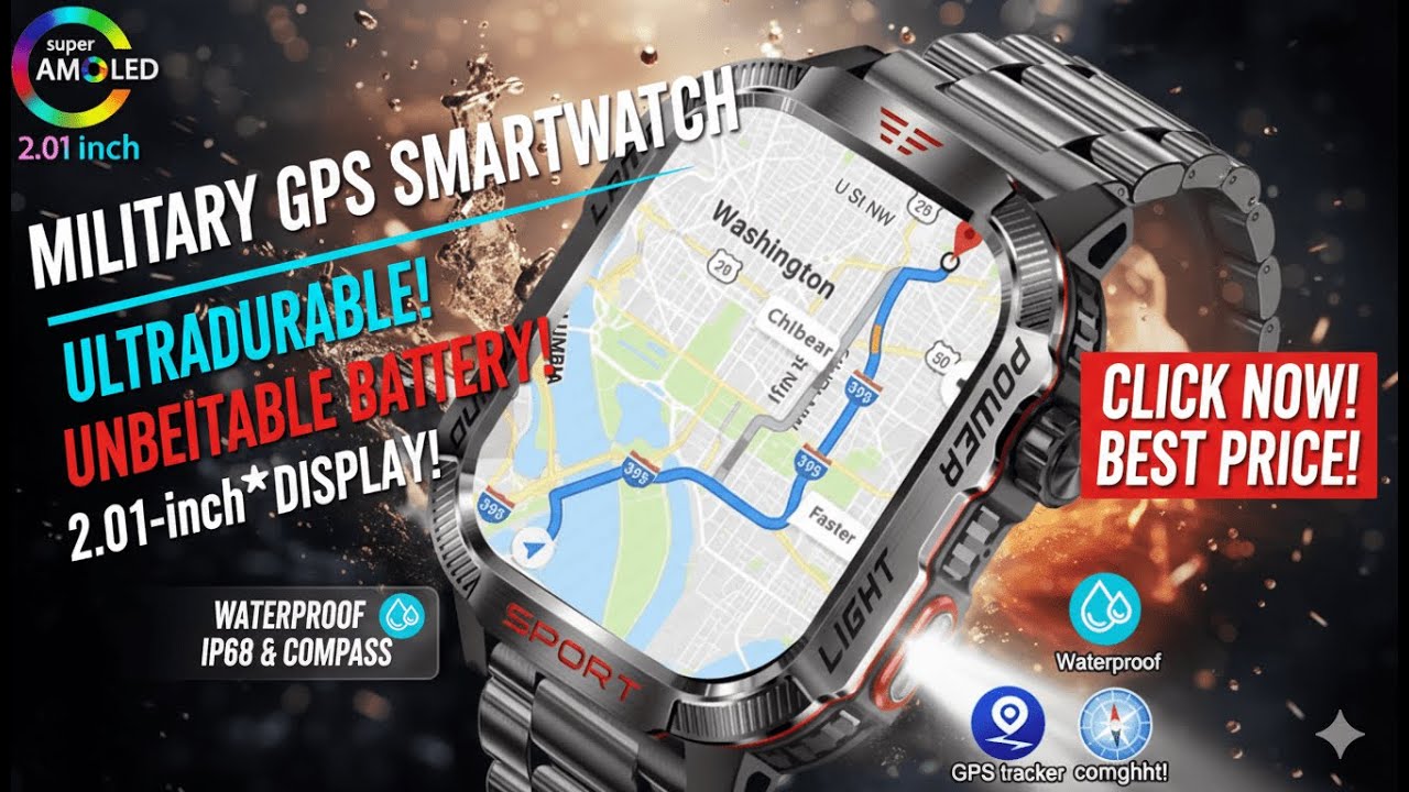 video Explore the cutting-edge Huawei Xiaomi Military GPS Smart Watch with flashlight, compass, waterproof design, Bluetooth calls, and advanced fitness tracking features