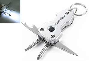 Swiss+Tech Stainless Steel 7-in-1 Key Ring Multitool Folding keychain with LED and 6 other tools