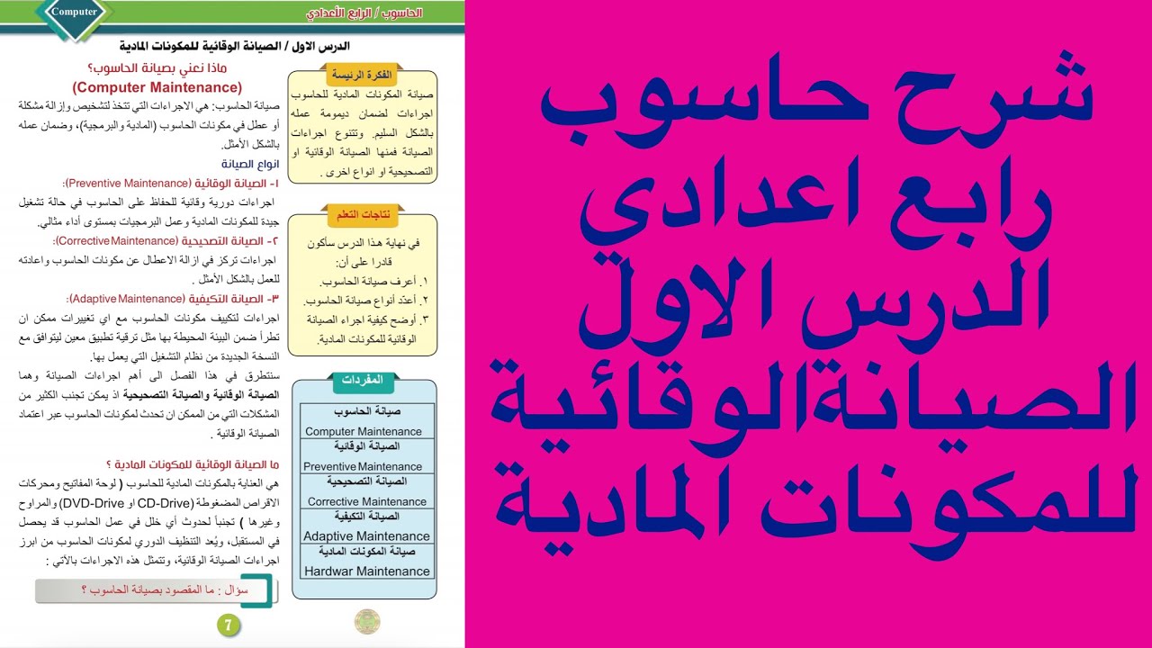 شرح حاسوب رابع اعدادي الدرس الاول الصيانة الوقائية للمكونات المادية