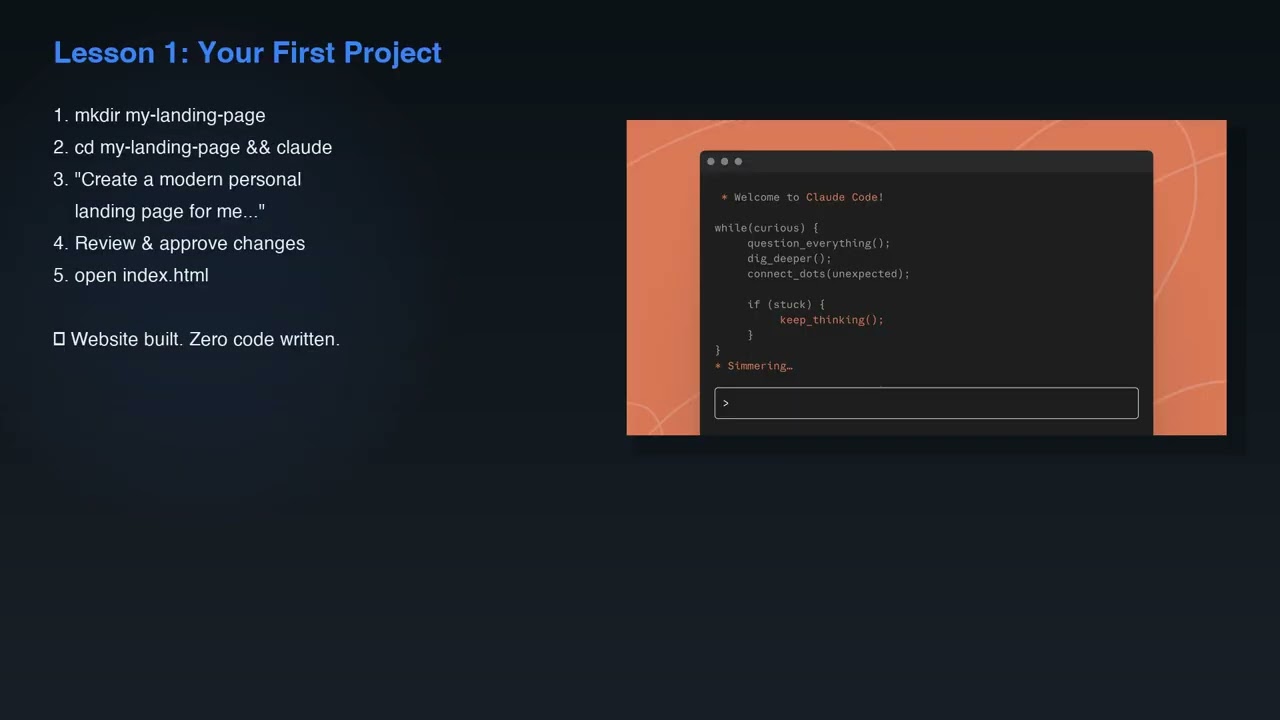 Claude Code tutorial showing AI building code in terminal