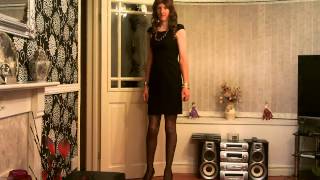 Crossdresser in Black Shift Dress, Black Spotted Tights and Black Heels 01/10/2014