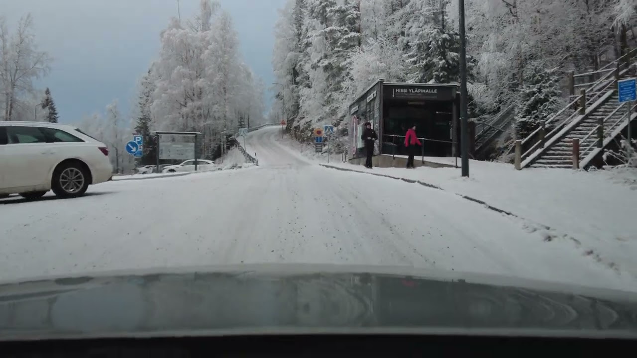 Driving in Koli Tourism Centre. Finland 4K. 19.11.2022 (light snow)