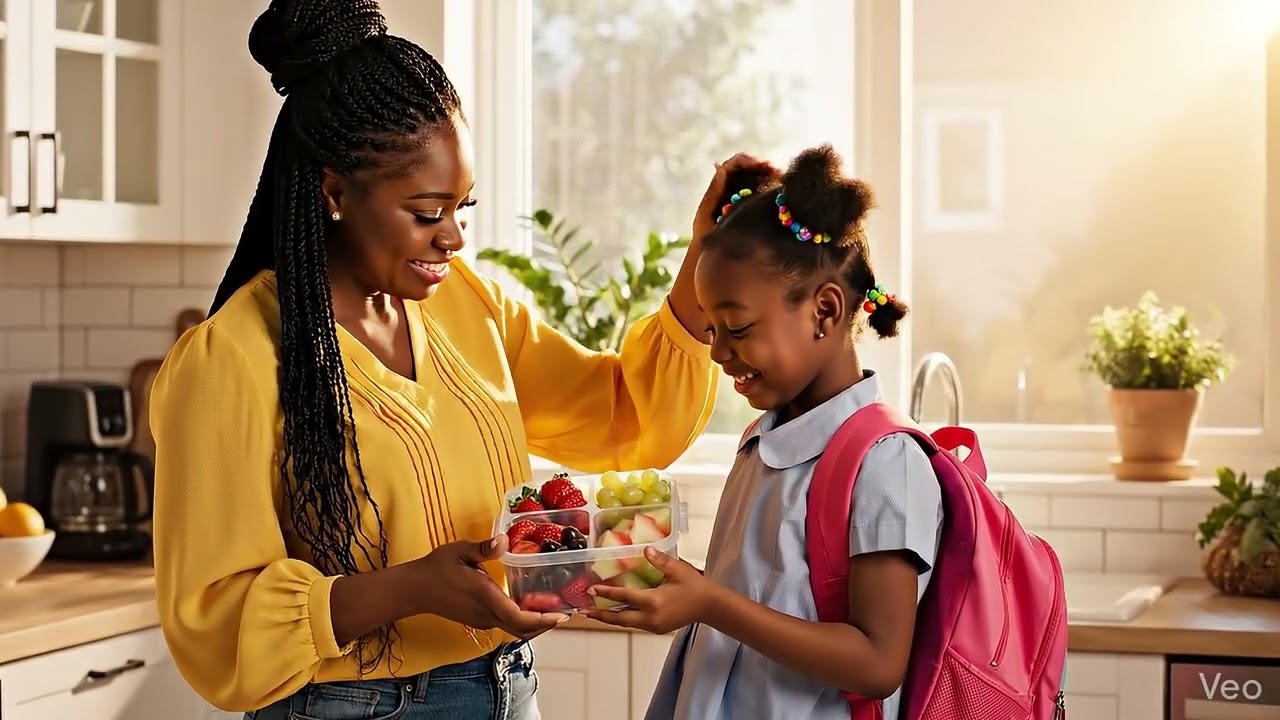One girl fruits carry lunch box mom happy