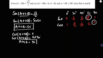 If sin(A+2B)=(root3)/2 and cos(A+4B)=0, then find A and B