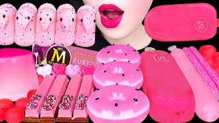 ASMR PINK DESSERTS *HOT PINK DONUT, MAGNUM ICE CREAM, PEEPS MARSHMALLOW, CUP JELLY EATING MUKBNAG 먹방