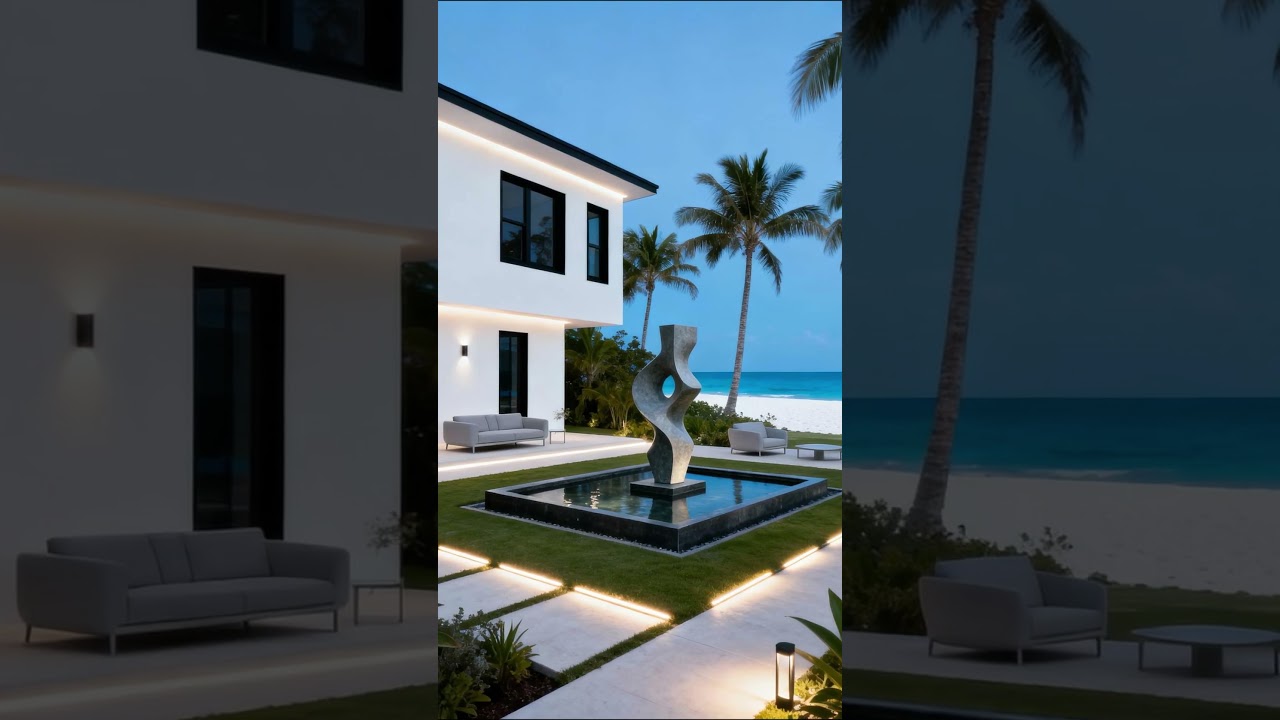 Modern Coastal Luxury: Sculpture Pool, Palm Trees & Twilight Ocean Views