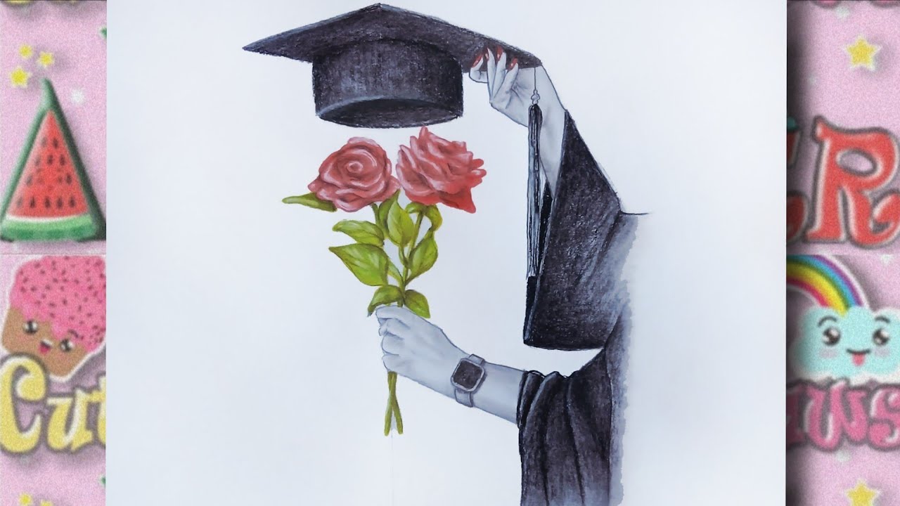 رسم سهل | رسم تخرج | رسم يد فتاة تمسك قبعة التخرج وورود
