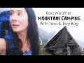 Challenging wild camp solo tarp  bivy on a mountain in wind rain  fog  rhinog fawr snowdonia