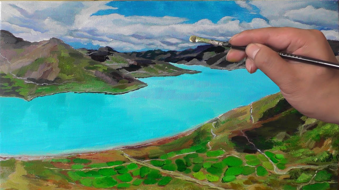 西藏羊卓雍措羊湖写实油画，倍速绘画过程欣赏合。#001