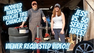 How to mount tires at home using a Modified Harbor Freight Tire changer! Jess vs. 50 Series tires!