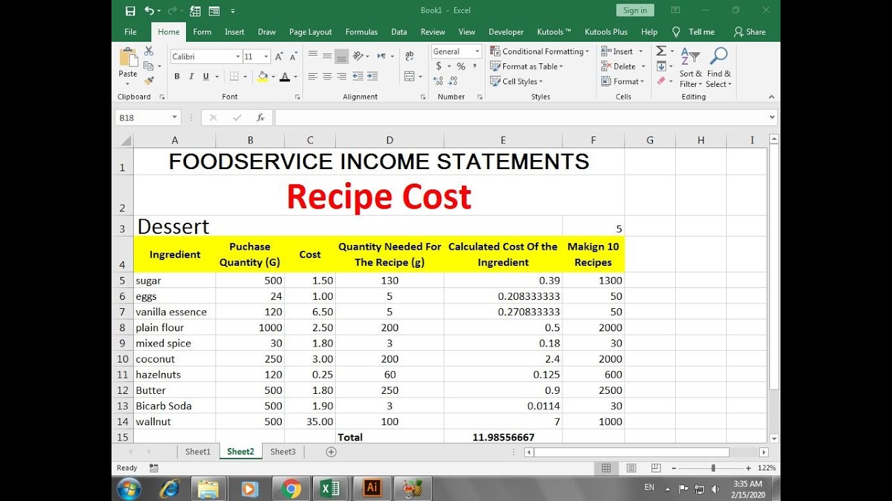 Recipe Cost Calculator Food Cost Spreadsheet In Excel Youtube