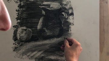 Reverse Charcoal Drawing Demo of a still-life, art video, learning to draw with charcoal, live video
