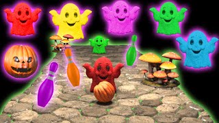 Pumpkin Bowling Smashes Kinetic Sand Ghosts, & Animals Learn Colors Fun For Kids