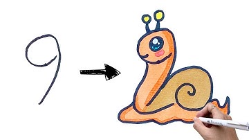 Easy and simple drawing Snail with number 9 step by step - Drawing With Numbers | Cute Doodle