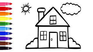 How to Draw a simple house step by step easy | House Drawing | House Drawing with sun and Cloud