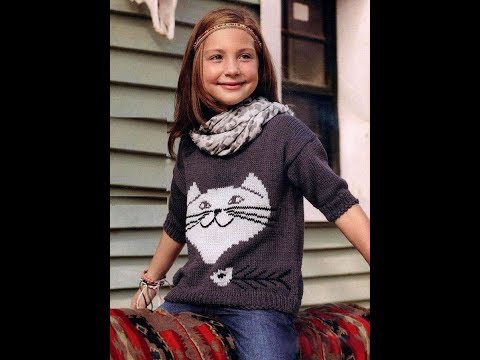 Детский свитер с котом спицами