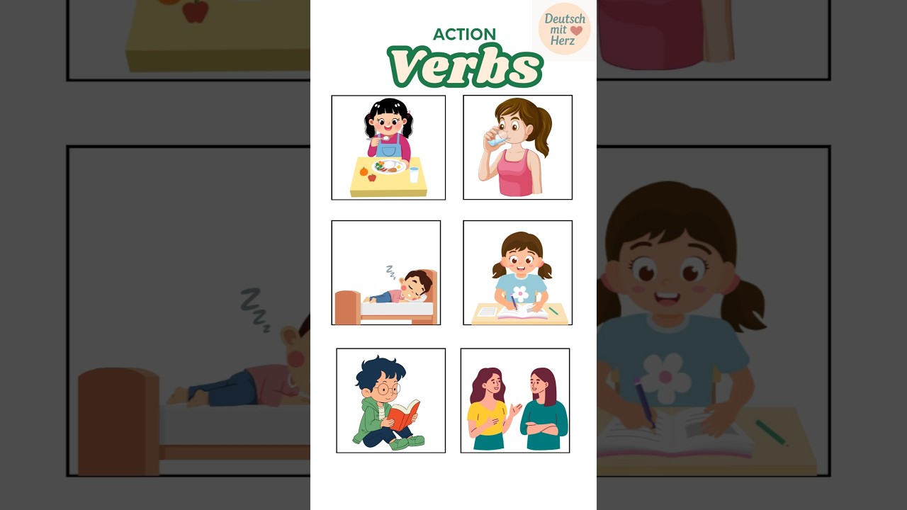 ✨ "Let’s move with Action Verbs in German -Eat, Drink, Sleep, Read,Write,Talk!