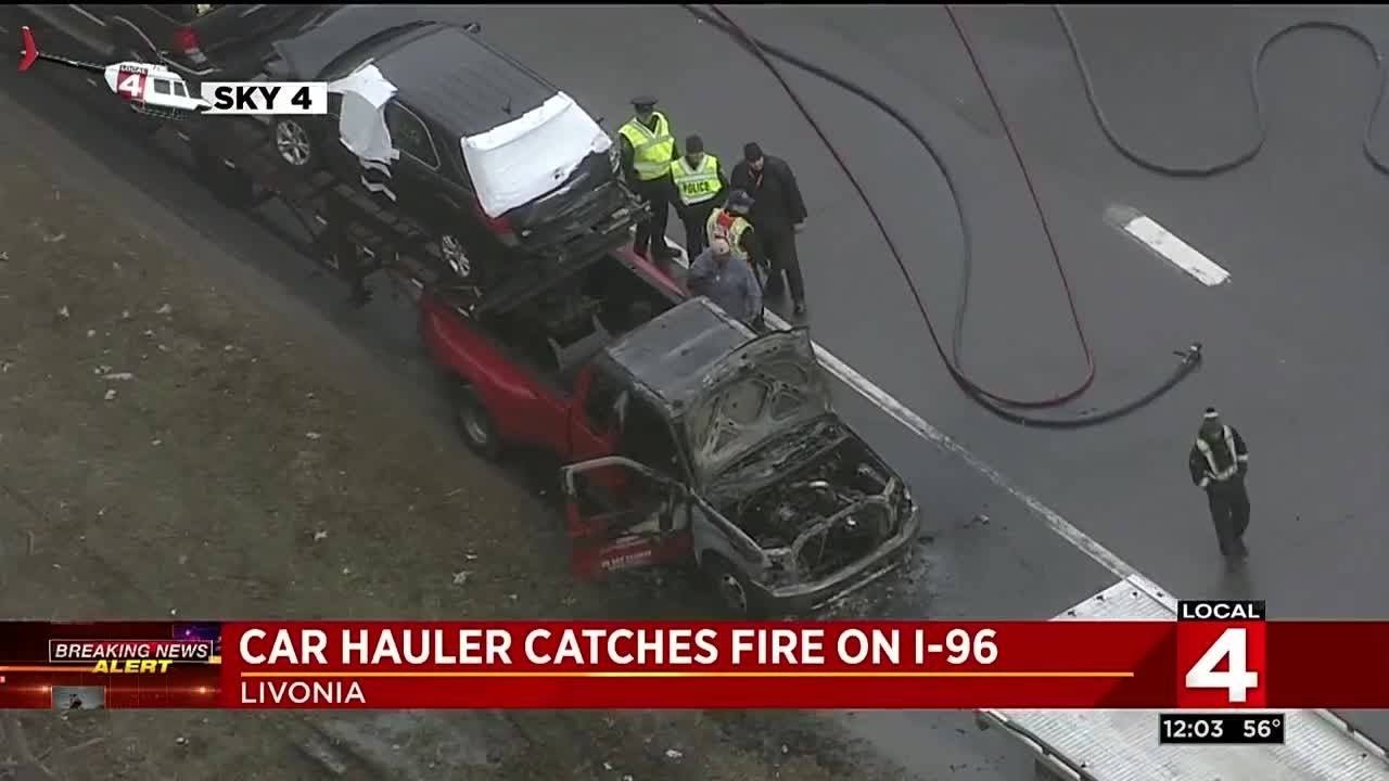 Car hauler catches fire on I-96 in Livonia