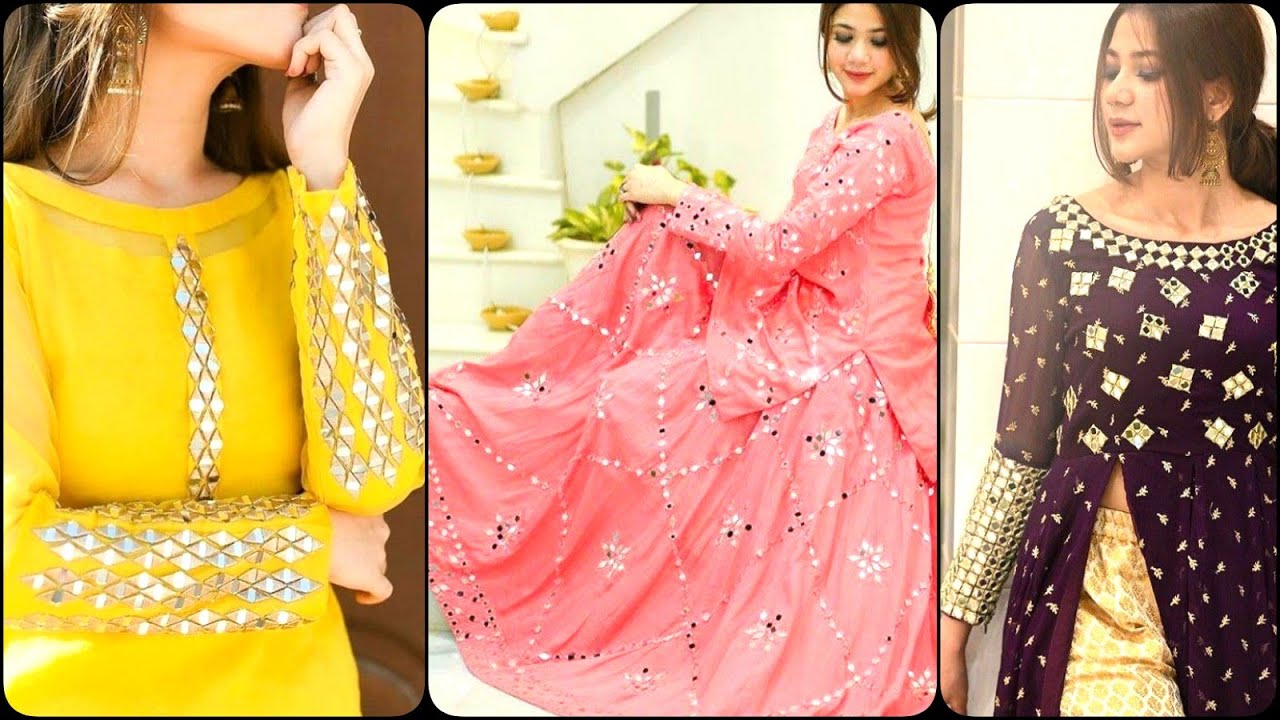 Beautiful Simple Mirror Work Dress Designs Ideas Collection 2020/Mirror Work Neck Design For Kurti