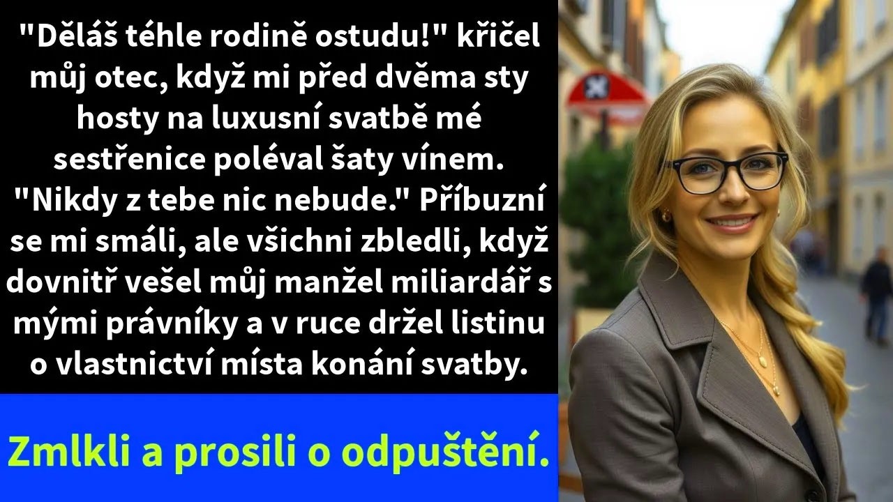 Můj otec mi vylil červené víno na šaty před dvěma sty hosty a zařval, že jsem ostuda rodiny. Všichni se smáli, i moje nevlastní matka. Stála jsem tam promočená a mlčela. Ale pak se otevřely dveře...