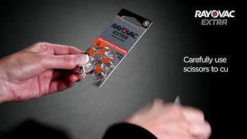 How to access a hearing aid battery from Rayovac EXTRA child-resistant packaging