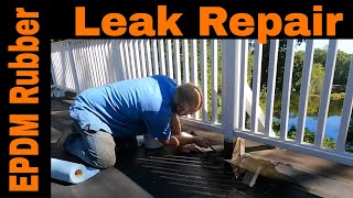 EPDM Rubber Roof Leak Repair around a Railing Post on a Flat Roof