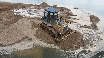 Awesome Mighty SHANTUI SD13 Bulldozer Operator Moving Sand Filling processing on Huge Lake