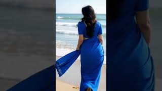 Blue Saree Beautiful Girl Walk To Back Side