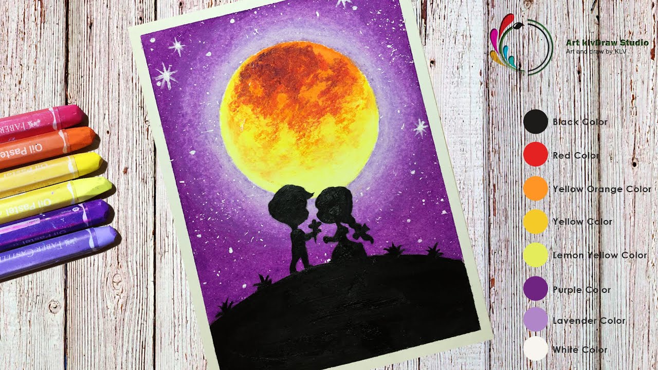 Drawing sweet couple at beautiful moonlight Scenery with Oil Pastel ...