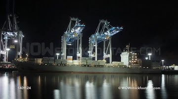 Time-lapse of cranes loading container ship with freight / Auckland, New Zealand