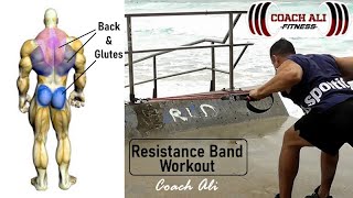 Back & Glutes: Resistance band Workout, anchored bands strength training.