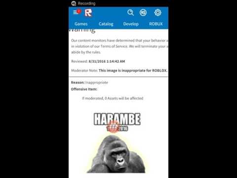 Banned For Harambe Picture Roblox Banned Meh Youtube - rip harambe roblox