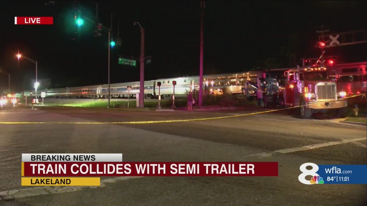 7 hurt when Amtrak train partially derails after crashing into car carrier truck in Lakeland