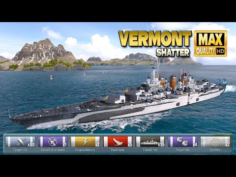 Battleship &quot;Vermont&quot; with massive hits on map Shatter - World of Warships